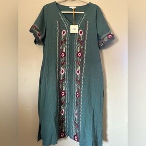 Orange Creek Sage Green Rayon/Linen Embroidered Short Sleeve Dress Sz Large. NWT